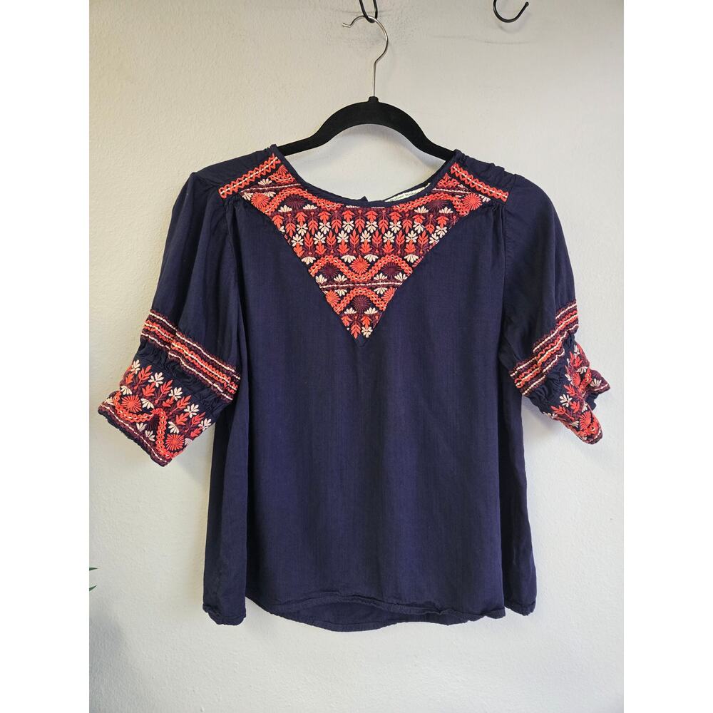Roller Rabbit Navy Blue Embroidered Boho Tencel Blouse‎ Top Small